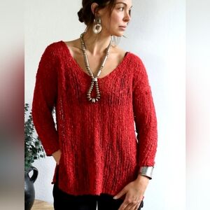Open Knit Red V-Neck Sweater for Women